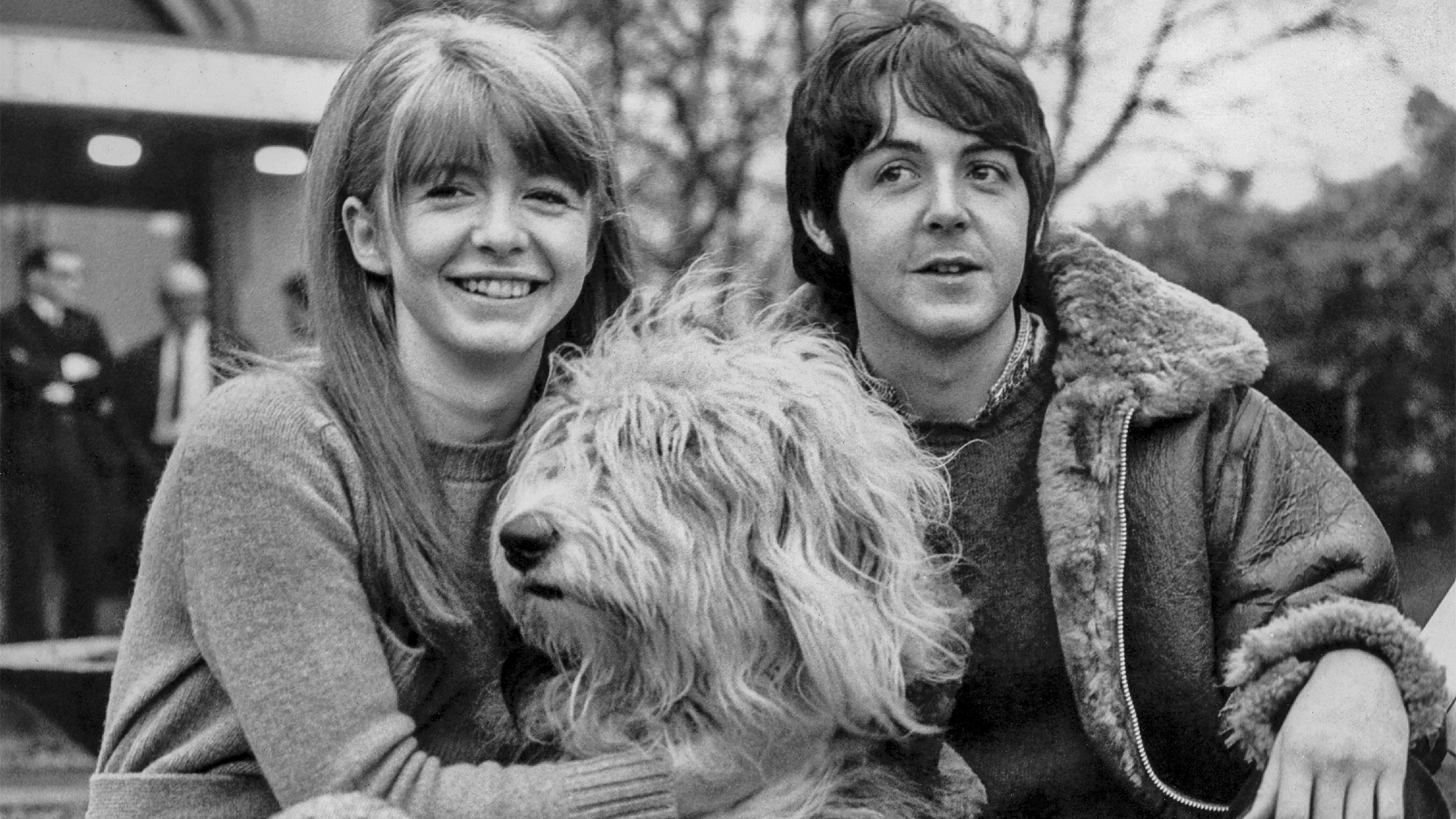Paul McCartney with his girlfriend Jane Asher and their Old English Sheepdog named Martha outside the Golden Gates Hotel in Glasgow, Scotland, December 11th, 1967 .