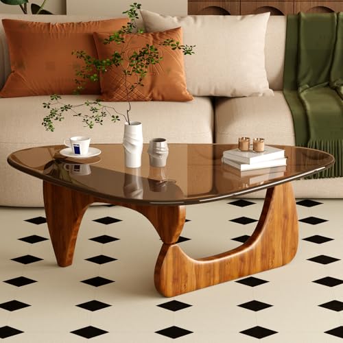 Cajca Coffee Table for Living Room Mid Century Modern Center Table With Glass Top and Wood, Brown/walnut