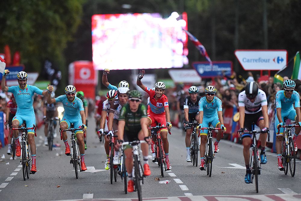 Astana celebrate as they near the finish of the 2015 Vuelta a Espana.