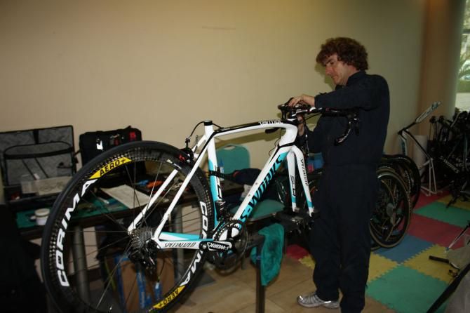 Kangert's Specialized road bike is worked on