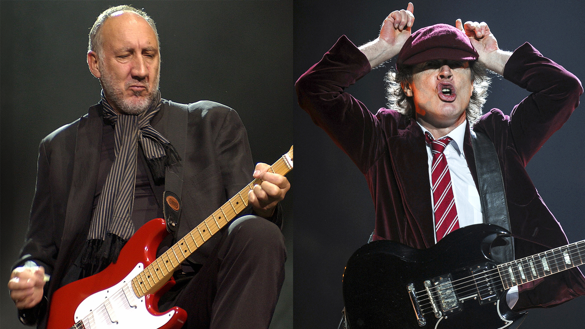 LEFT: Pete Townshend performing live onstage July 31, 2004. RIGHT: Angus Young of AC/DC performs during their "Black Ice" Tour Opener on October 28, 2008 in Wilkes-Barre, Pennsylvania