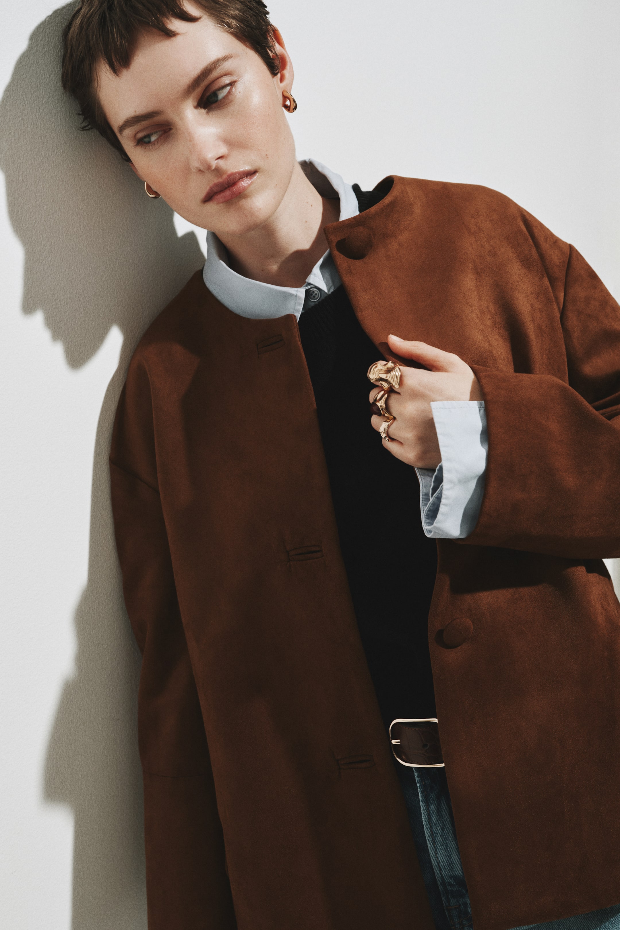 Collarless Jacket - Brown