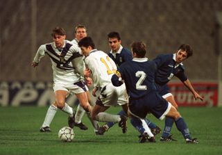 Scotland in action against Greece during a Euro 96 qualifying match, 1994