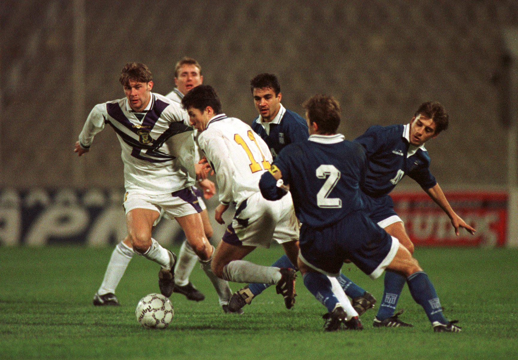 Scotland in action against Greece during a Euro 96 qualifying match, 1994