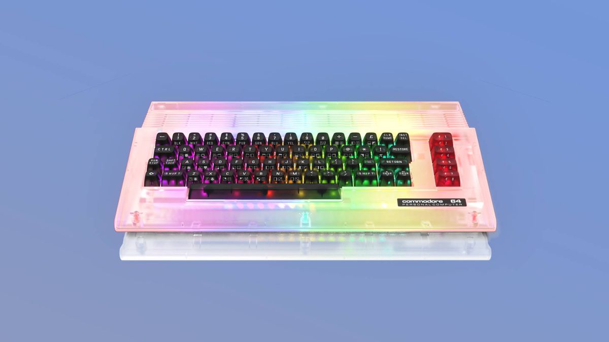 C64C Ultimate Starlight Edition with RGB lights showing with blue backdrop.