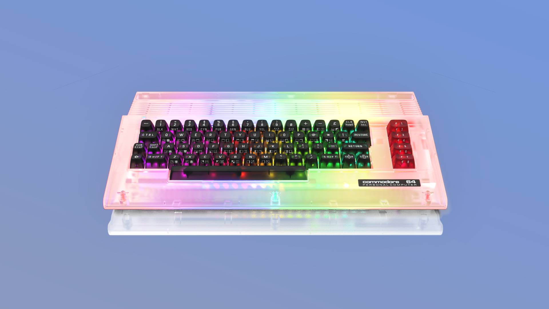 C64C Ultimate Starlight Edition with RGB lights showing with blue backdrop.