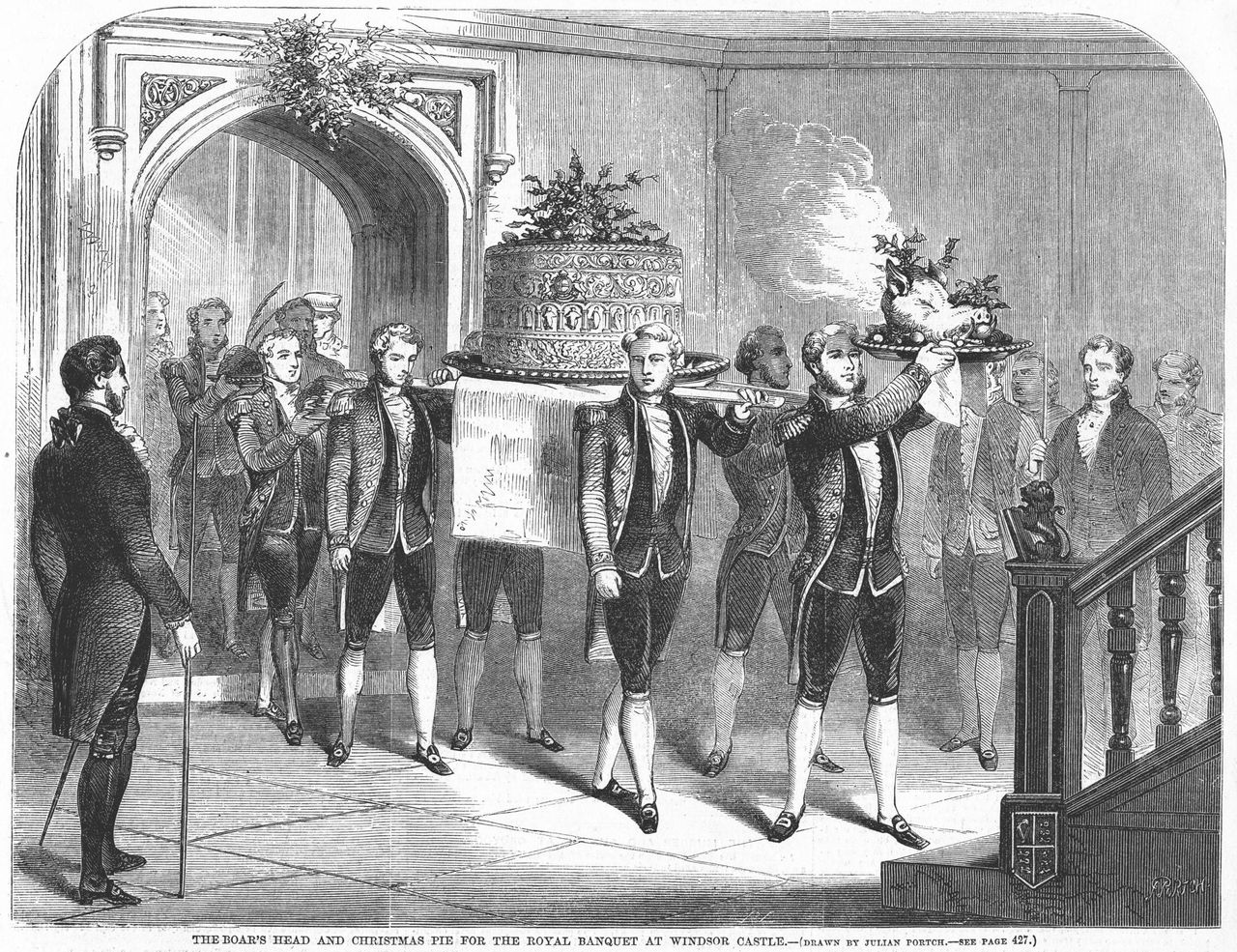 The 1857 Royal banquet at Windsor Castle at Christmas time, showing the procession of the dishes being carried in. The first is boar&#039;s head with parsley and traditional lemon in its month; the secondly is the large decorative Christmas pie.