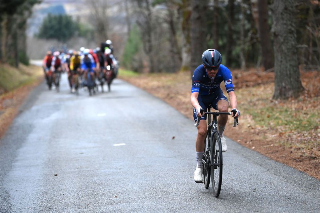 LA LOGE DES GARDES FRANCE MARCH 08 David Gaudu of France and Team Groupama FDJ attacks during the the 81st Paris Nice 2023 Stage 4 a 1647km stage from SaintAmandMontrond to La Loge des Gardes 1077m UCIWT ParisNice on March 08 2023 in La Loge des Gardes France Photo by Alex BroadwayGetty Images