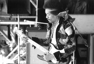 Rock guitarist Jimi Hendrix (1942 - 1970) at his last concert on September 6, 1970 in Isle of Fehmarn, Germany.