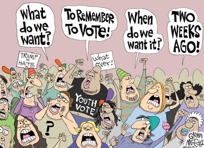 Political cartoon U.S. 2016 election Anti-trump protestors non-voters