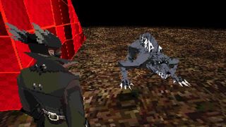 A PS1-style deconstruction of a Bloodborne Hunter staring down a very bad dog