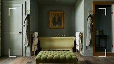 picture of green themed bathroom with avocado green bath and matching furnishings