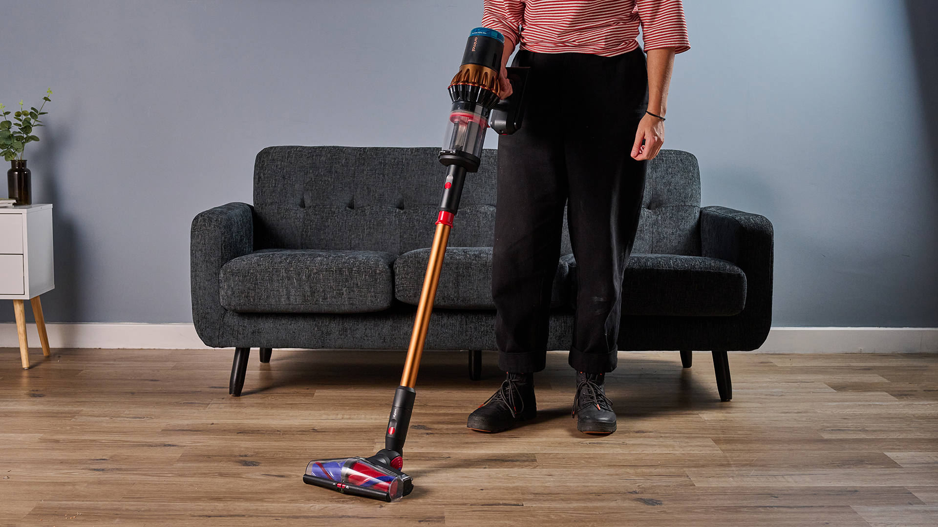 Ruth Hamilton holding Dyson V16 Piston Animal cordless stick vacuum, with a sofa and side table in the background