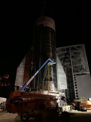 The bottom half of SpaceX's Starship Mk 1 prototype is seen at the company's South Texas facilities in this photo posted on Twitter by Elon Musk on Sept. 22, 2019.