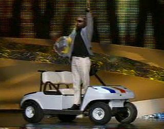 Wacky French musician Sebastian Tellier arrived on stage in a golf buggy to perform his song Divine