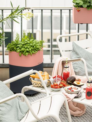 best self watering gadgets and accessories, balcony with a white metal table and chairs and colourful plant pots in the background, the table is set for breakfast with fruit and pastries