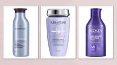 A selection of the best purple shampoos from Pureology, Kérastase and Redken/ featured in a pastel purple, three-picture template