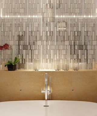 bathroom with Metal Versailles Mosaic Wall Tile with cove lighting