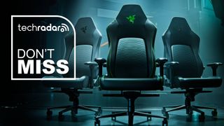Three Razer gaming chairs behind white don't miss text