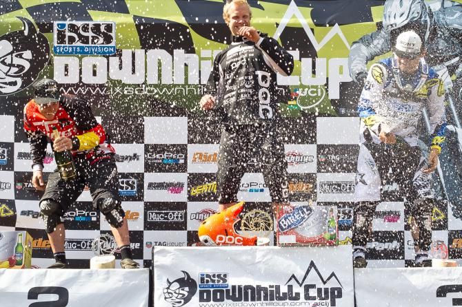 Elite men's podium at Spicak European Downhill Cup