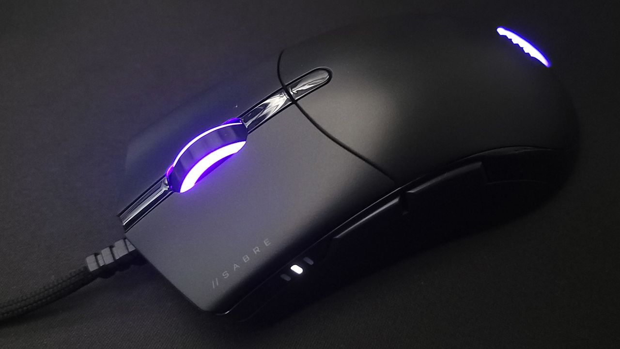 Corsair Sabre RGB Pro angled showing RGB scroll wheel