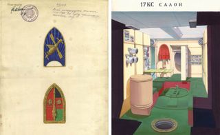 Left: final emblem marking the cooperation with Afghanistan. Right: final interior designs for the cabin of the Mir space station