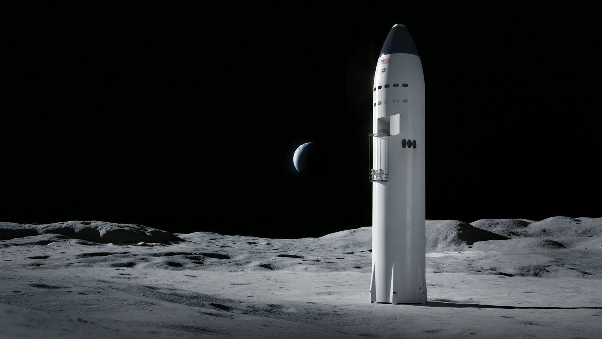 An illustration of SpaceX&#039;s Starship on the moon. In April 2021, NASA announced that SpaceX won the contract to build the lunar lander for its Artemis program.