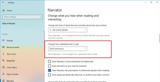 Narrator capitalized text announce option