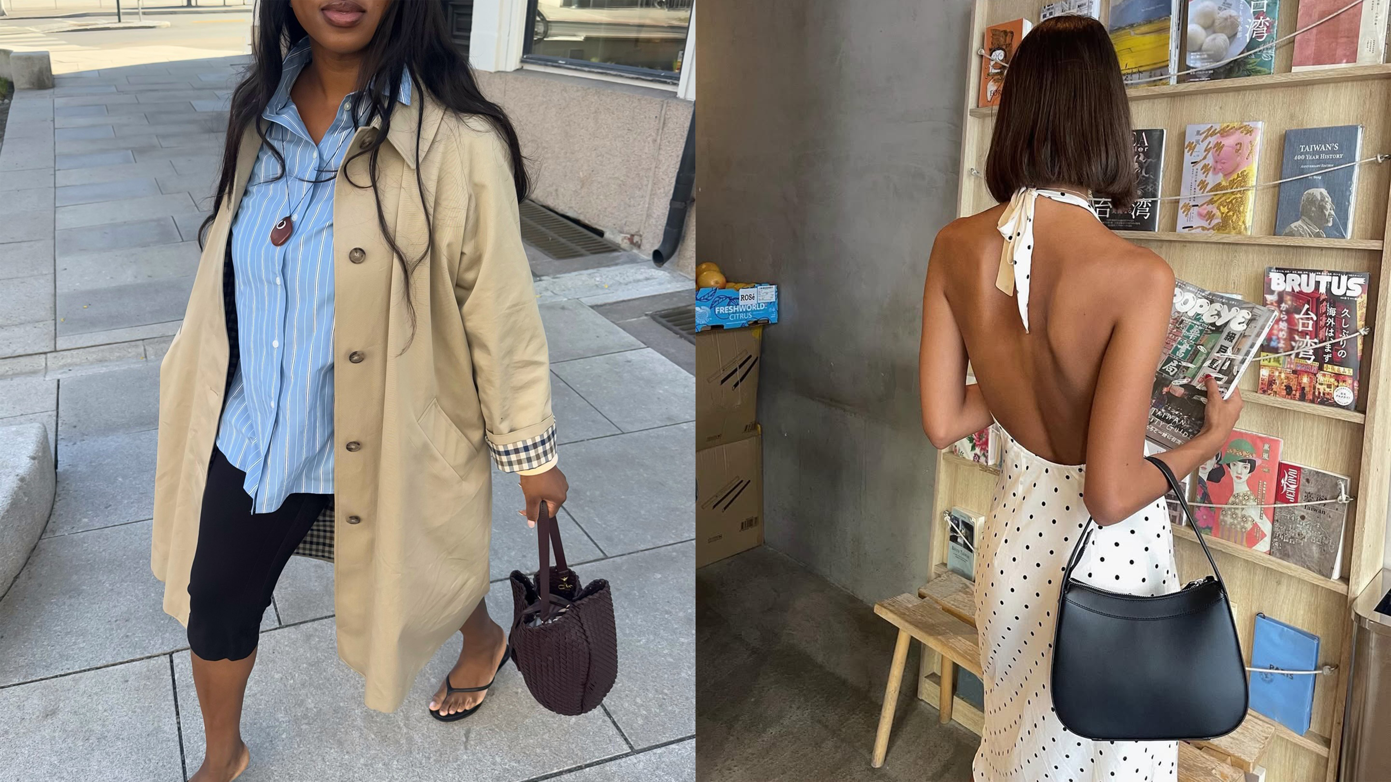 @nnennaechem wearing a striped button-down, trench coat, and capris; @salome.mory wearing a polka dot halter neck dress