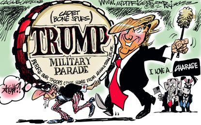 Political cartoon U.S. Trump military parade draft deferment