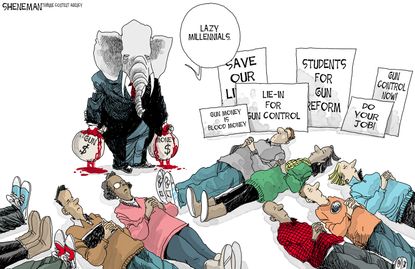 Political cartoon U.S. GOP NRA gun violence protest Parkland shooting students millennials