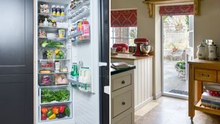 compilation image showing a ell stocked Christmas fridge and a back door open to show a christmas hosting tip of keeping cold goods outside