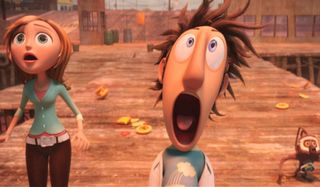 Cloudy with a Chance of Meatballs Sam and Flint looking shocked on the pier