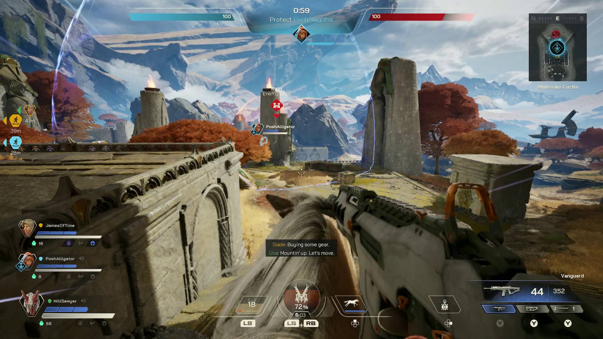 Highguard player watching teammate carry shieldbreaker to enemy base