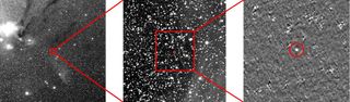 The Rosetta spacecraft's first images of its target, comet Churyumov-Gerasimenko. Left: The comet is hidden within this sector of space, a crowded star field in the constellation Scorpius. Middle: A closer look, still showing many background stars. Right: