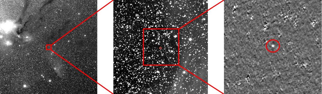 The Rosetta spacecraft&#039;s first images of its target, comet Churyumov-Gerasimenko. Left: The comet is hidden within this sector of space, a crowded star field in the constellation Scorpius. Middle: A closer look, still showing many background stars. Right: