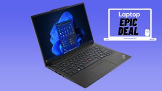 Black Lenovo ThinkPad Gen E14 Gen 6 business laptop against a blue gradient background.