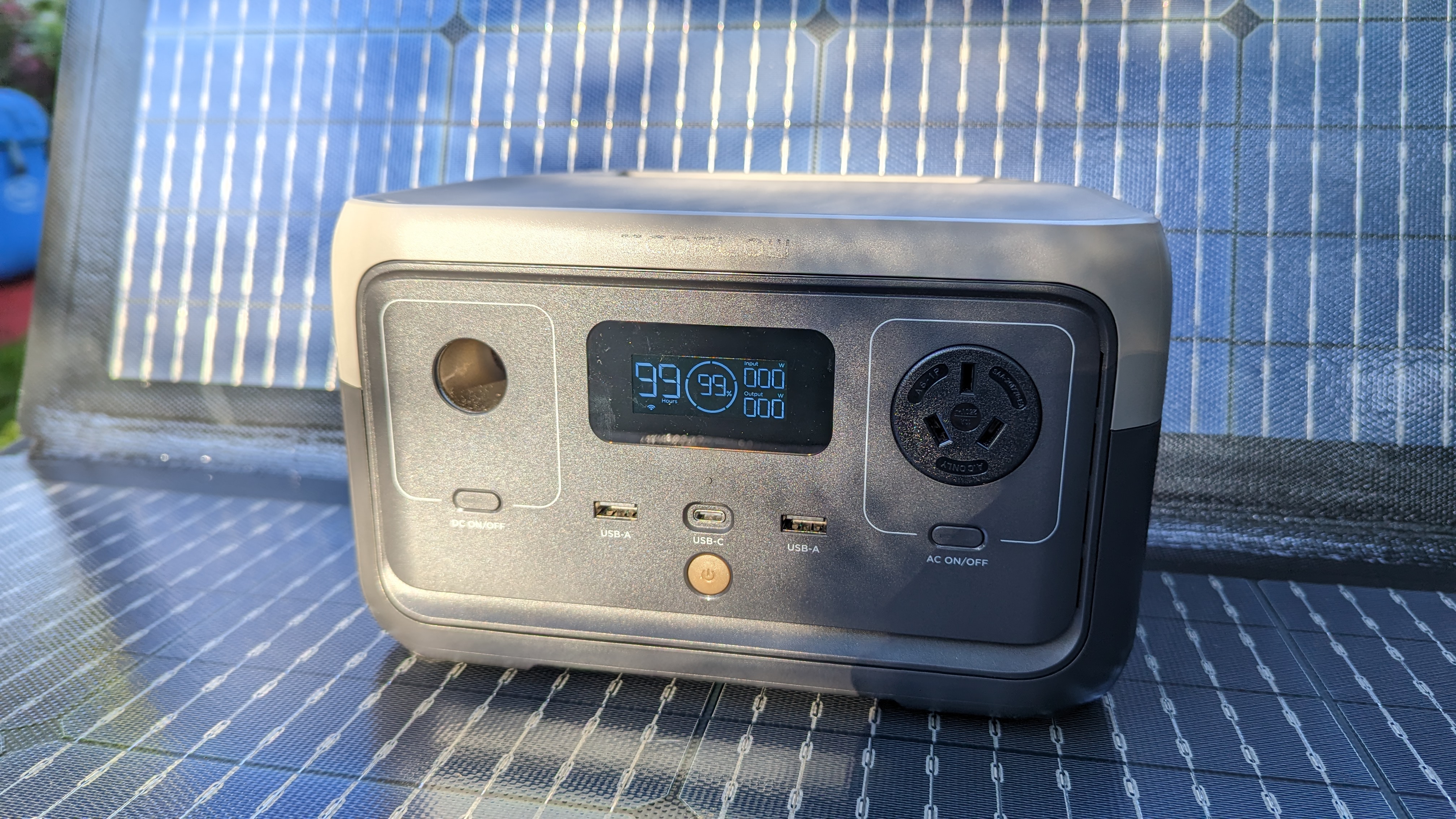 EcoFlow River 2 portable power station on solar panels