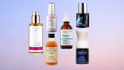 collage of best hair growth oils including Dr. Hauschka hair tonil and Briogeo b. Well