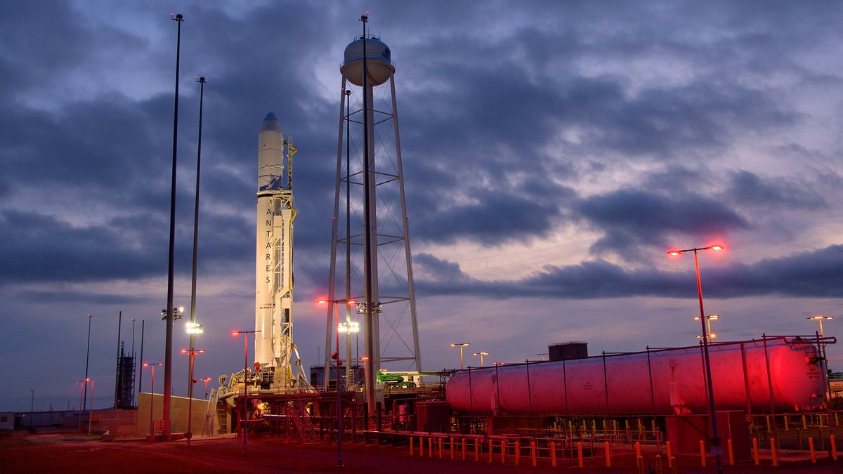 The Northrop Grumman Antares rocket is seen a few hours after arriving at launch Pad-0A, Tuesday, Oct. 29, 2019, at NASA's Wallops Flight Facility in Virginia. Northrop Grumman&rsquo;s 12th contracted cargo resupply mission with NASA to the International Space Station will deliver about 8,200 pounds of science and research, crew supplies and vehicle hardware to the orbital laboratory and its crew.