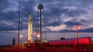 The Northrop Grumman Antares rocket is seen a few hours after arriving at launch Pad-0A, Tuesday, Oct. 29, 2019, at NASA's Wallops Flight Facility in Virginia. Northrop Grumman’s 12th contracted cargo resupply mission with NASA to the International Space Station will deliver about 8,200 pounds of science and research, crew supplies and vehicle hardware to the orbital laboratory and its crew.