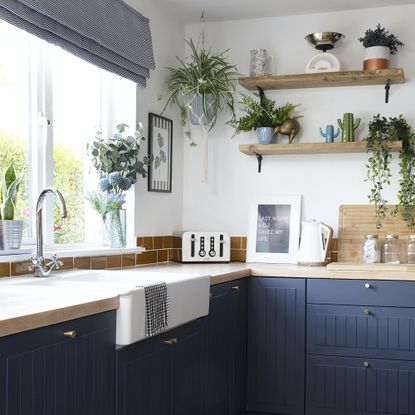 blue country kitchen with wooden tops and shelves and plants