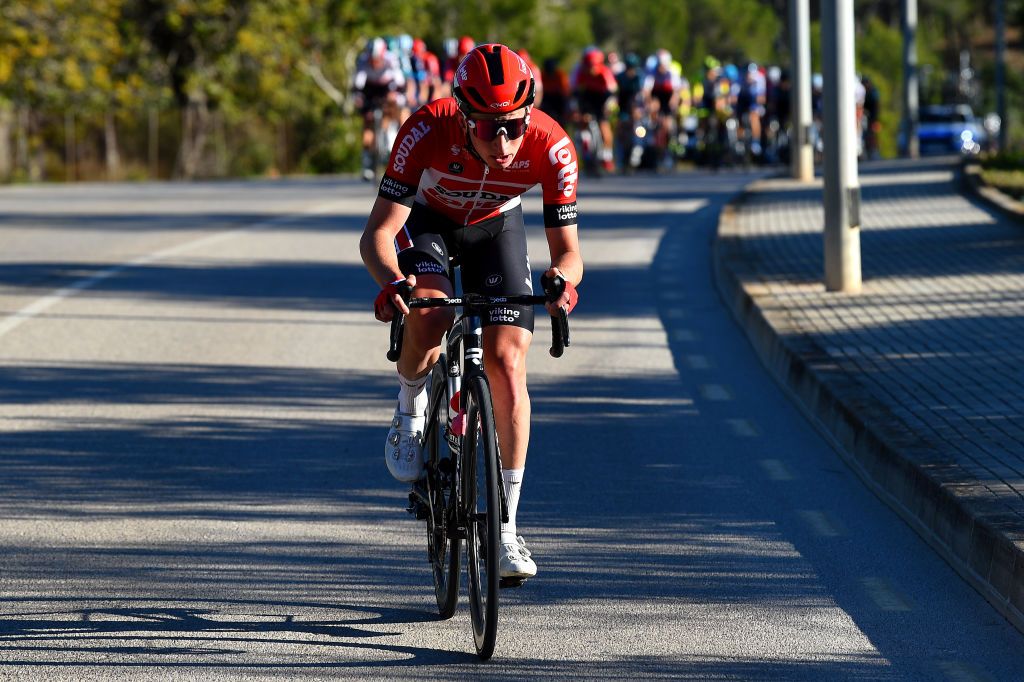 ANDRATX SPAIN JANUARY 29 Matthew Holmes of United Kingdom and Team Lotto Soudal attacks in the breakaway during the 31st Challenge Ciclista Mallorca 2022 Trofeo Pollena Port d Andratx a 170 km race from Pollena to Andratx 214m ChallengeMallorca on January 29 2022 in Andratx Spain Photo by Dario BelingheriGetty Images