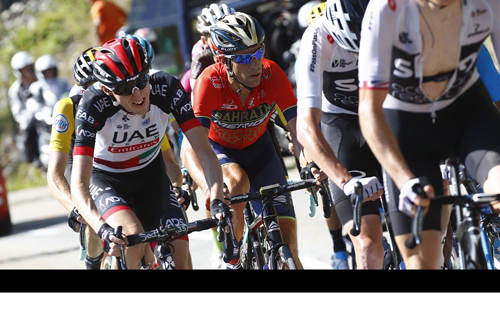 Vincenzo Nibali (Bahrain-Merida) with the select GC riders on the final climb to La Rosiere