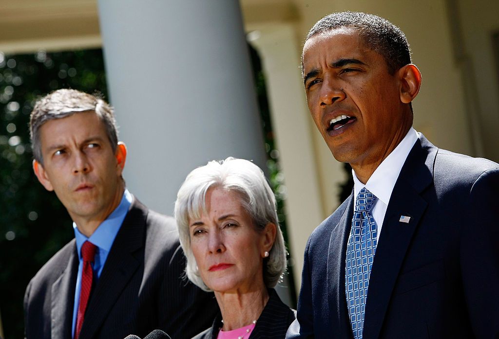 President Obama, forer HHS Secretary Kathleen Sebelius, and former Education Secretary Arne Duncan.