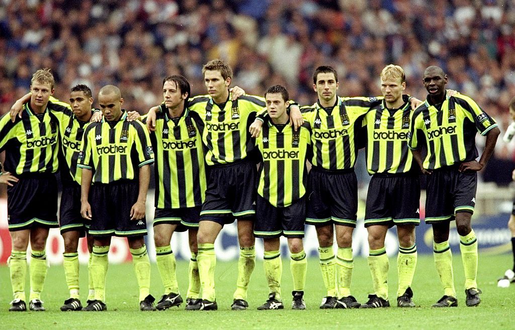 The Manchester City players line up during the penalty shoot-out during the Nationwide Division Two Play-Off Final match against Gillingham played at Wembley Stadium in London, England. The match finished in a 2-2 draw after extra-time andin the penalty shoot-out Manchester City won 3-1 and were promoted to Division One. \ Mandatory Credit: Alex Livesey /Allsport