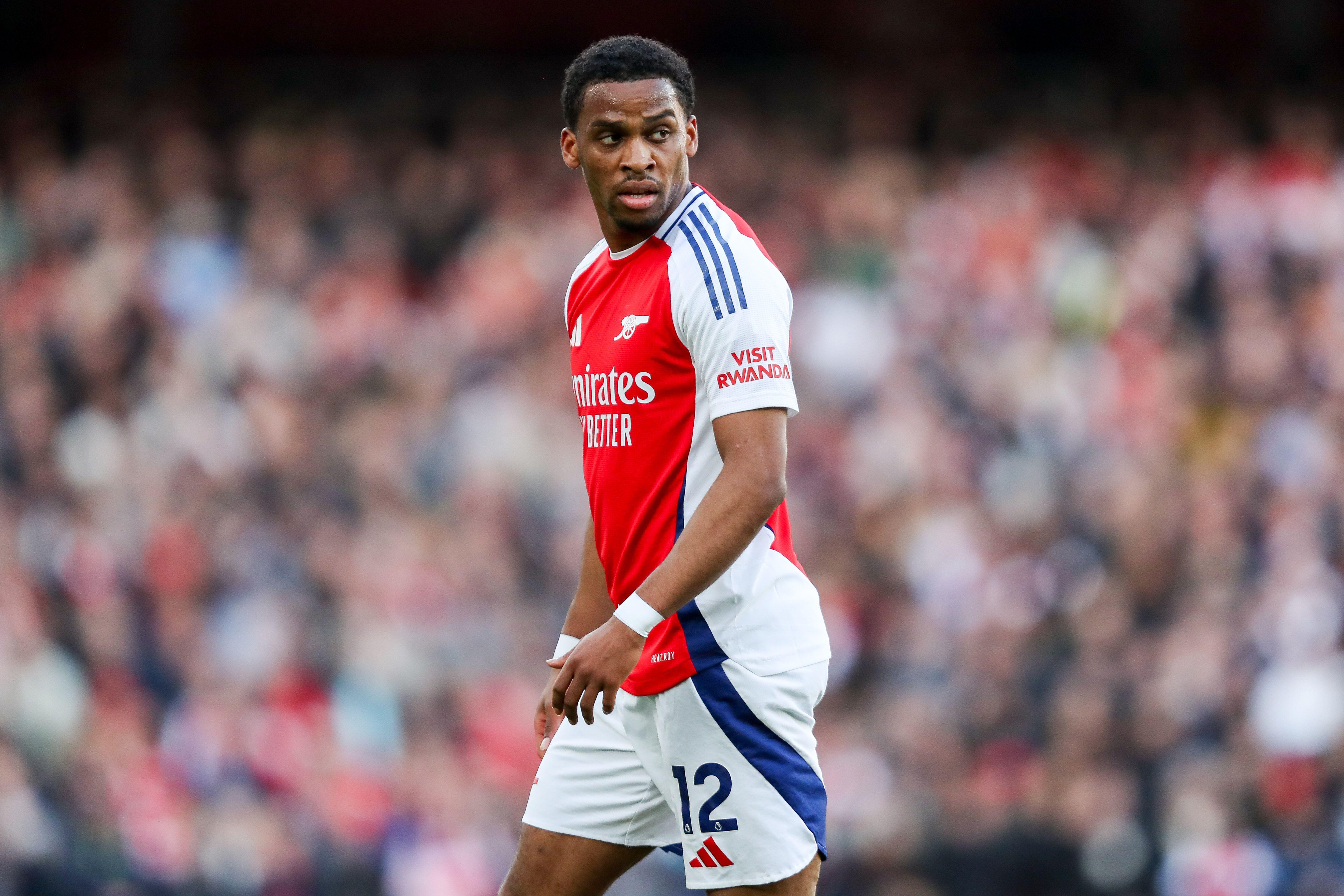 Jurrien Timber of Arsenal looks on during the Premier League match against West Ham United at Emirates Stadium on 22 February, 2025