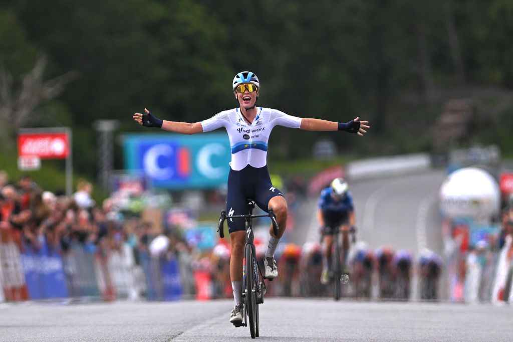 PLOUAY FRANCE AUGUST 24 EDITORS NOTE Alternate crop Mischa Bredewold of The Netherlands and Team SD Worx Protime celebrates at finish line as race winner during the 24th GP de Plouay Lorient Agglomeration Trophee CERA 2024 a 158km one day race from Plouay to Plouay UCIWWT on August 24 2024 in Plouay France Photo by Luc ClaessenGetty Images
