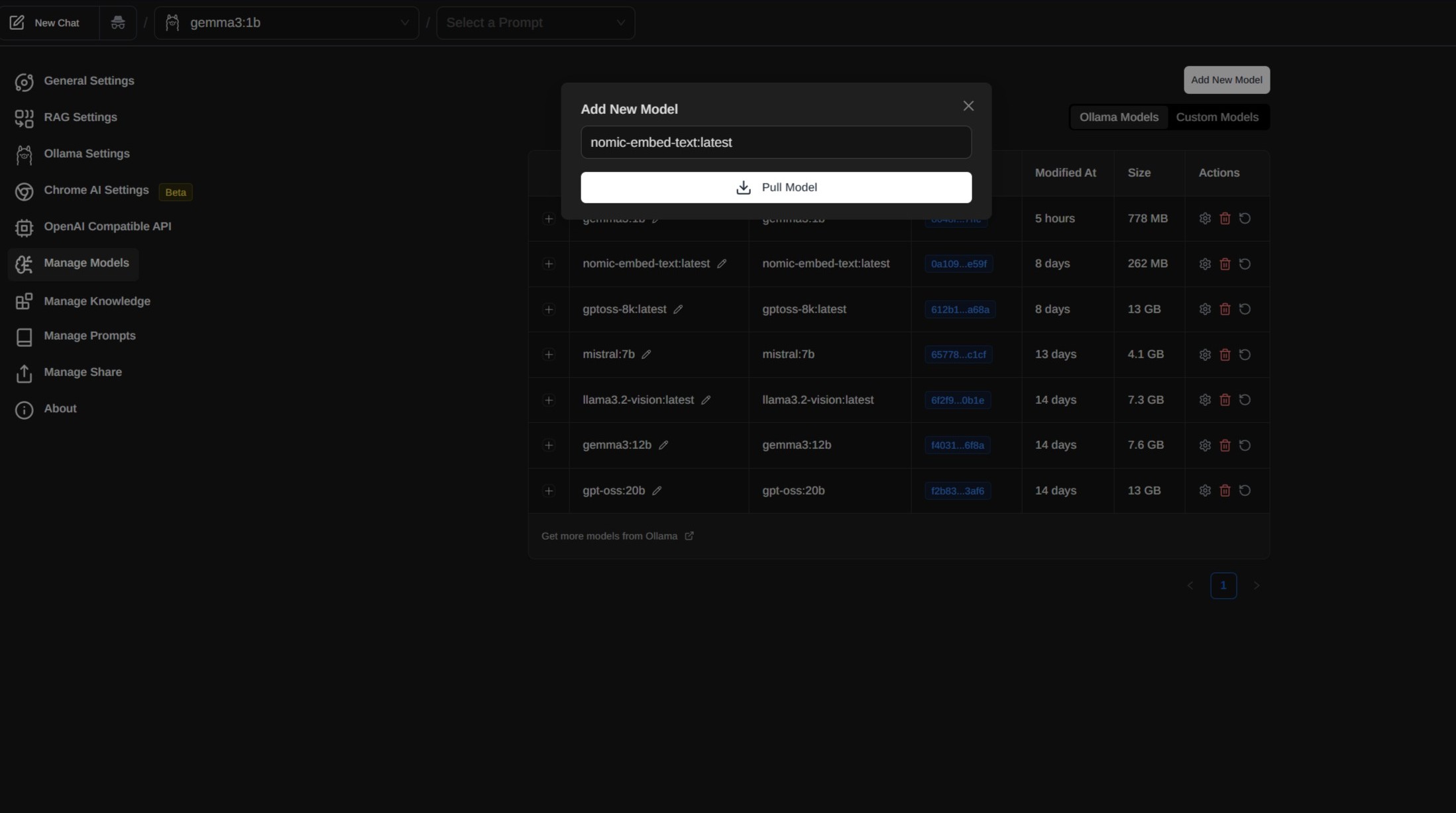 Downloading a new model to Ollama using Page Assist.