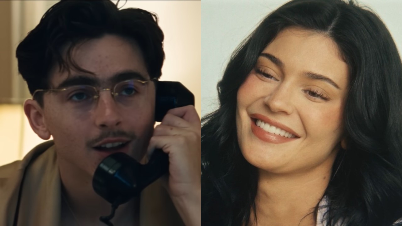From left to right: Timothee Chalamet talking into a phone in Marty Supreme and Kylie Jenner smiling in The Moment. 